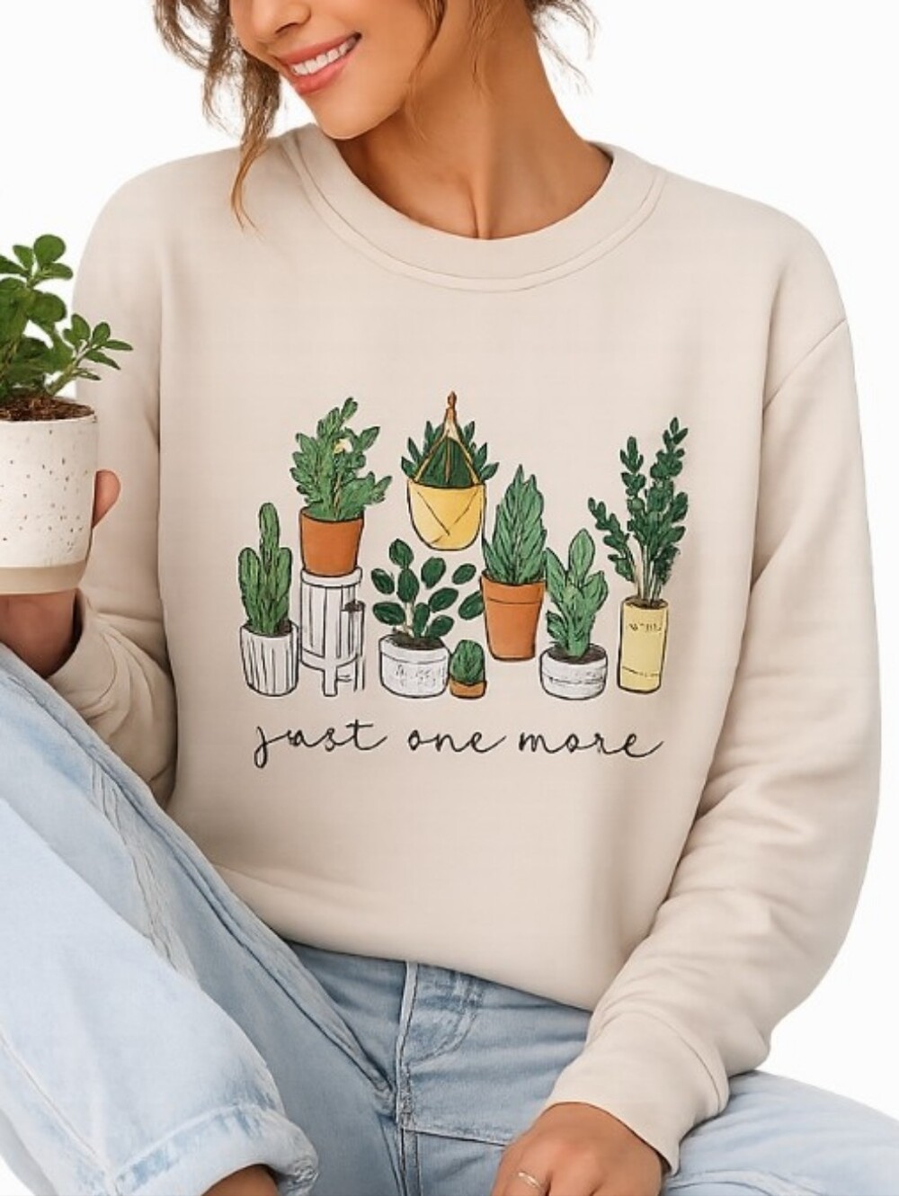 Plant Lover Graphic Sweatshirt Just One More Cactus Succulent Small Granola Girl